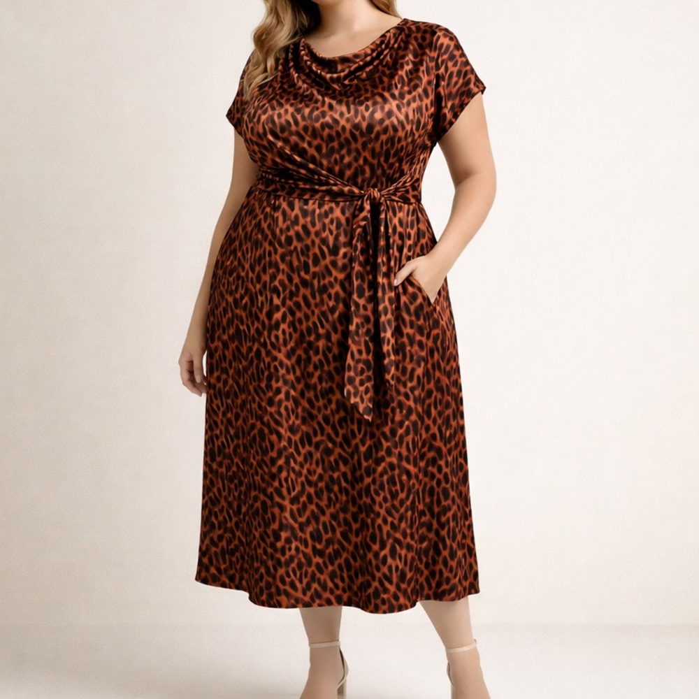 ASOS Leopard Print Satin Midi Dress Tie Waist Cowl Neck